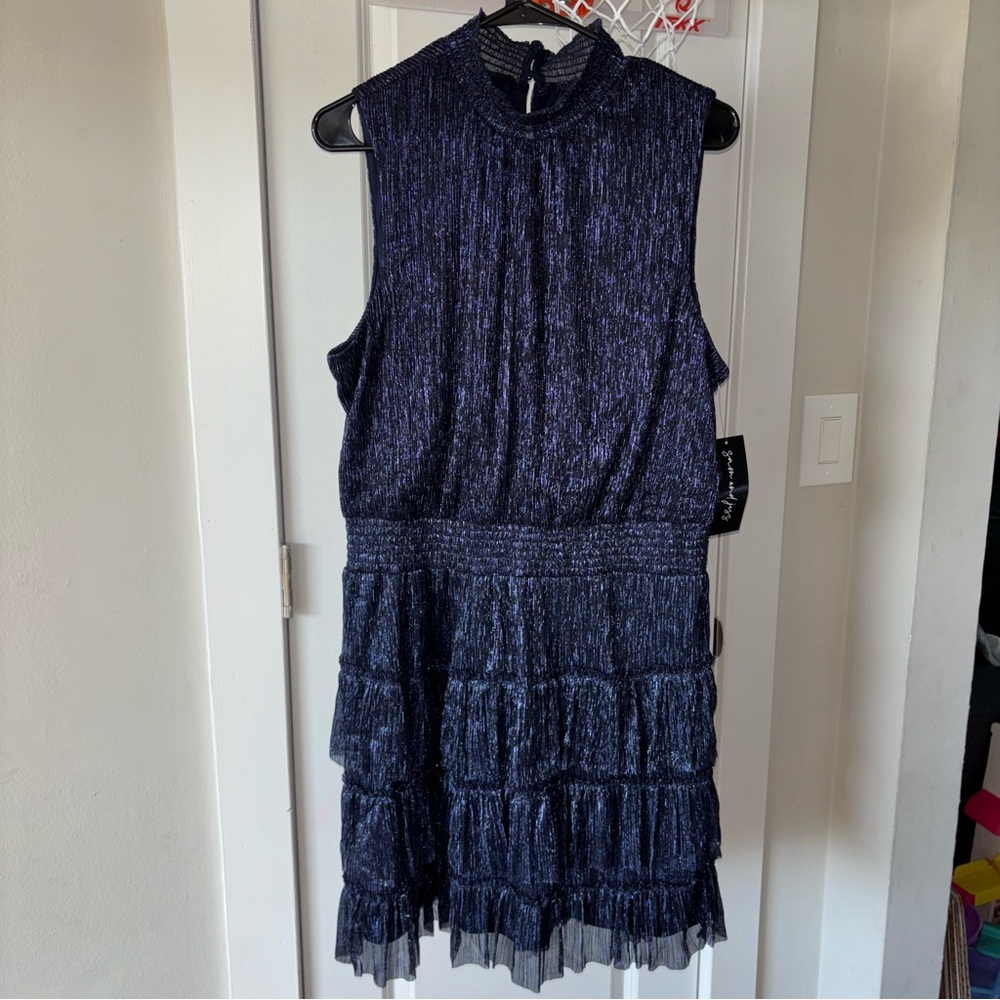 Sam and Jess Women's Navy Metallic Ruffled Tiered Sleeveless Dresses Size XL